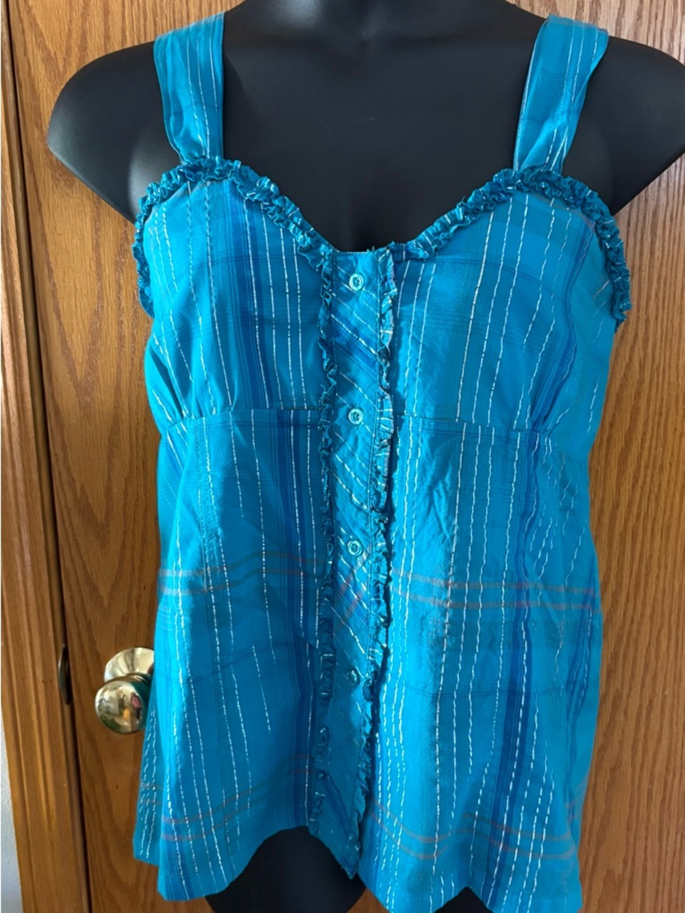 Lagoon Turquoise blue plaid  Ruffled Button-Front Camisole.